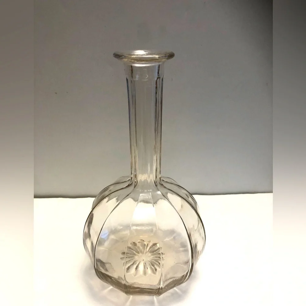 Vintage Decanter Bottle No Stopper Long Neck Ribbed Glass Curvy Flower Bottom